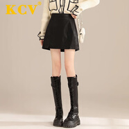 KCV小皮裙女秋冬新款高腰短裙a字御姐顯瘦包臀半身裙 黑色 S 【建議85-100斤】