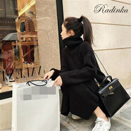 Radinka2025秋冬新款高領(lǐng)針織連衣裙女中長(cháng)款過(guò)膝保暖打底毛衣小開(kāi)叉裙子 黑色 XL