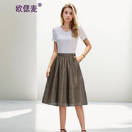 歐偲麥半身裙女春秋款中長(zhǎng)款網(wǎng)紗百褶大擺遮胯a字裙 9018 咖色 均碼