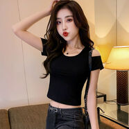 GOLDJEANNIE黑色短款上衣女短袖2024年新款設計感小眾露肩t恤緊身高腰露臍裝 黑色 S