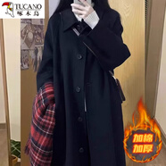 啄木鳥(niǎo)長(cháng)款黑色呢子大衣女毛呢外套2024秋冬季新款韓系小個(gè)子感加厚 加厚 黑色【加棉】 L