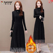 啄木鳥(niǎo)針織連衣裙2025新款秋中長(cháng)款過(guò)膝內搭配大衣收腰加絨加厚打底毛衣 黑色  加絨加厚 3XL 135-150