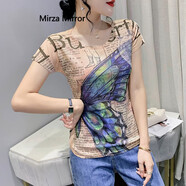 蜜莎蜜拉（Mirza Mirror）創(chuàng)意印花短袖T恤女2024夏季新款歐貨設(shè)計感修身洋氣半袖體恤上衣 7027# S