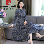 皮爾卡丹（pierre cardin）碎花雪紡連衣裙女春秋長(zhǎng)袖2025新款修身顯瘦氣質(zhì)長(zhǎng)款印花裙子針織 藏青色 4XL (150-165斤)
