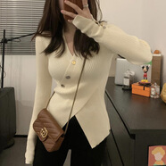 妙奕嘉針織衫女毛衣秋季女裝針織薄款外套春秋款打底衫秋冬新款內(nèi)搭洋氣 V領(lǐng)交叉帶扣針織衫【杏色】 均碼 【建議75-125斤】