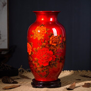 領(lǐng)格 景德鎮(zhèn)陶瓷器紅牡丹花瓶 水晶釉花開富貴花瓶客廳家居裝飾品擺件禮物 現(xiàn)代時尚擺設(shè)工藝品婚慶 紅冬瓜 高約35寬20cm