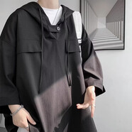 潮陣夏季連帽套頭短袖T恤男寬松半開(kāi)襟紐扣薄衛(wèi)衣麻棉半袖t體恤帽衫潮 神秘-K22黑色 L