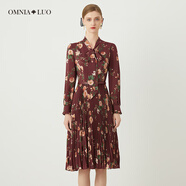 歐柏蘭奴【商場(chǎng)同款】23秋優(yōu)雅碎花配腰帶圍巾領(lǐng)修身長(cháng)袖連衣裙 B36紅底杏花 S