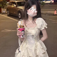蘭威費雷日系奶甜小個(gè)子蝴蝶結方口領(lǐng)連衣裙女學(xué)生夏季收腰短款公主蓬蓬裙 米色 【現貨】 M
