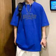 嘉曄五分袖男夏季短袖T恤男學(xué)生韓版潮流港風(fēng)ins卡通情侶半袖上衣體恤 kp2103藍(lán)色 3XL
