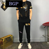 BGP潮牌歐美風(fēng)男套裝潮流新款燙鉆老虎頭短袖長(cháng)褲社會(huì )小伙修身兩件套 黑色 4XL（建議175-200斤左右）