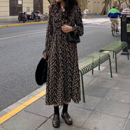 小野七天法式赫本風(fēng)高級感碎花連衣裙女秋季新款黑色內搭打底氣質(zhì)長(cháng)裙子 長(cháng)袖連衣裙【均碼】