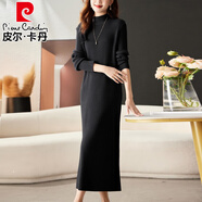 皮爾卡丹（pierre cardin）超長(zhǎng)款純色羊毛針織打底毛衣裙半高領(lǐng)秋冬新款百搭藏肉過(guò)膝連衣裙 黑色 2XL