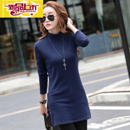 初徑秋冬季純棉中長(cháng)款加絨加厚長(cháng)袖恤女韓版修身包臀保暖上衣打底衫 220藍色不加絨(半高領(lǐng)) 沒(méi)有口袋 L 建議95-105斤