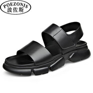 波佐斯（POEZONIS）男士涼鞋真皮夏季透氣潮流皮涼鞋厚底防滑沙灘鞋休閑羅馬鞋 黑色 41