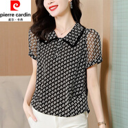 皮爾卡丹（pierre cardin）高端真絲短袖襯衫女夏季新款小衫寬松減齡洋氣質(zhì)桑蠶絲上衣顯瘦 黑色 2XL