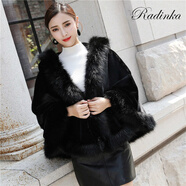 Radinka2024秋冬新款仿皮草外套女短款顯瘦連帽大衣百搭披肩毛領(lǐng)斗篷JMF 黑色 均碼
