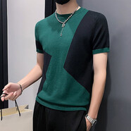 管先生秋冬季加厚半袖T恤潮流撞色修身男款短袖針織衫冬季厚款內(nèi)搭小衫 M06軍綠色 L 建議110-125斤
