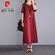 皮爾卡丹（pierre cardin）日系棉麻連衣裙民族風(fēng)刺繡顯瘦寬松V領(lǐng)短袖苧麻亞麻長袍減齡時(shí)尚 紅色(少量現(xiàn)貨) M 建議85-110斤