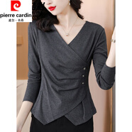 皮爾卡丹（pierre cardin）長(zhǎng)袖t恤女款春秋季新款氣質(zhì)V領(lǐng)針織衫不規(guī)則上衣女士打底衫 灰色 S