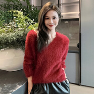 美洋（MEIYANG）摘星毛衣兔毛羊毛混紡亮片慵懶寬松V領(lǐng)套頭衫時尚休閑氣質(zhì)毛衣女 安哥拉紅（V領(lǐng)版） L