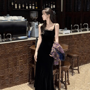 錦結思腳踝長(cháng)裙大碼吊帶裙女胖妹妹金絲絨拼接蕾絲字方領(lǐng)顯瘦連衣裙 單件吊帶裙  黑色 3XL 160-180斤