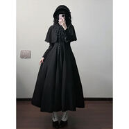 【哥特修女】lolita黑色斗篷披肩+黑色長(cháng)袖收腰顯瘦連衣裙兩件套 哥特修女黑色斗篷+連衣裙 套裝 S