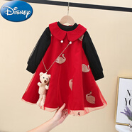 迪士尼女童紅色呢子背心裙兒童2023新款秋冬裝網(wǎng)紅連衣裙寶寶洋氣公主裙 黑泡泡袖+天鵝背心裙(不加絨) 100 cm