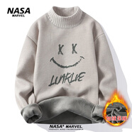 NASA MARVEL青少年圓領(lǐng)套頭針織衫男冬季加絨加厚毛衣男寬松保暖上衣休閑潮流 682018卡其色 M（建議90-110斤）