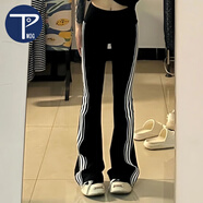 PMOG美式復古chic條紋微喇叭褲子女夏季修身高腰顯瘦hiphop休閑長(cháng)褲潮 黑色 L