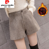 皮爾卡丹（pierre cardin）加厚毛呢千鳥格短褲女2024秋冬新款高腰a字闊腿短褲冬季外穿褲靴 咖格 有里布/復合加厚 M