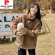 皮爾卡丹皮毛一體羊羔毛厚外套女2025新款秋冬加絨短款鹿皮絨機(jī)車(chē)棉服 棕色(升級(jí)版)  加厚 XL