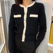 百洛安時尚拼色針織衫開衫女上衣春裝法式V領(lǐng)小香風(fēng)短款毛衣外套 黑色 S
