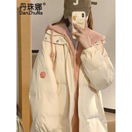 丹珠娜假兩件棉服女裝短款2024年冬季新款學(xué)生寬松工裝外套加厚棉襖連帽 米白色 S