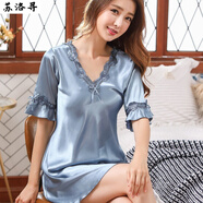 蘇洛尋時(shí)尚睡裙女夏冰絲家居服連衣裙薄款短袖大碼絲質(zhì)睡衣女夏天睡裙 091款海藍色 XL(120-140斤)