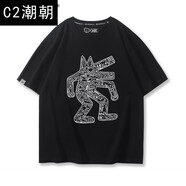 C2潮朝凱斯哈林keith haring聯(lián)名t恤五分袖男男夏季寬松純棉涂鴉畫(huà)半袖潮 黑色1 S 100-120斤