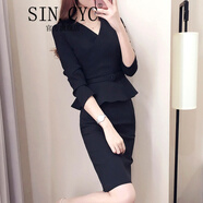 SIN.CYC女裝春季v領(lǐng)時(shí)尚包臀職業(yè)連衣裙女長(cháng)袖修身顯瘦一步裙 黑色長(cháng)袖 L