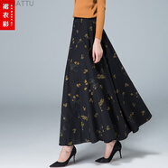 OVMATTU香港潮牌 新品秋季新款2021百搭休閑女民族風(fēng)棉麻長裙復(fù)古半身裙高腰大碼A字裙 藏藍(lán)小黃花 S
