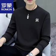 羅蒙（ROMON）絲光棉衛(wèi)衣男春秋新款男士秋冬加絨加厚打底衫圓領(lǐng)長(zhǎng)袖T恤上衣男 104黑色 春秋款單件裝 M105斤以下