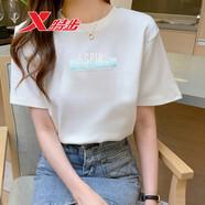 特步（XTEP）女裝短袖t恤女夏季服飾女士純色寬松上衣T恤跑步半袖運動(dòng)瑜伽服女 珍珠白-單詞ASPIRE L 170