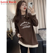 LOVER RUCCI2025新款德絨假兩件長袖t恤女中長款搭配鯊魚褲加厚打底衫秋冬季 深咖色(字母劃船款 德絨款) 2XL (建議145-180斤)
