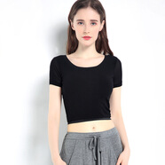 朵胤短款半截網(wǎng)紗打底衫女夏季短袖半身露臍瑜伽上衣薄沙T恤蕾絲小衫 黑色(前雙后單) XL