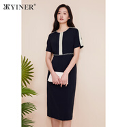 YINER音兒專選女裝夏季法式優(yōu)雅都市氣質(zhì)釘鉆收腰顯瘦知性連衣裙 藏藍(lán) M
