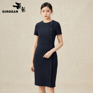 哥弟（GIRDEAR）女裝氣質(zhì)通勤單排扣高腰圓領(lǐng)短袖小黑連衣裙1500292 藍(lán) S (2碼)