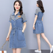 怡曼芙牛仔連衣裙女短袖夏季中長(cháng)款牛仔裙氣質(zhì)休閑修身收腰顯瘦襯衫裙女 圖片色 M -建議85-110斤