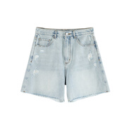 X--MOOM2024官方女裝夏季新款小個(gè)子毛邊全棉破洞牛仔短褲女 淺藍 L