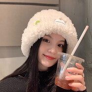 目丸醒獅帽子女兔毛針織毛絨帽子女秋冬季毛茸茸虎頭醒獅漁夫帽可愛(ài)顯 白色紐扣