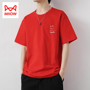 貓人（MiiOW）男士純棉短袖T恤夏季薄款潮牌圓領(lǐng)笑臉印花男裝衣服冰絲體恤 紅色 M