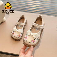 G.duck小黃鴨女童公主鞋夏季中國風(fēng)兒童皮鞋軟底淑女繡花蕾絲女童鞋涼鞋 5991米色-2025年新款 21 碼內長(cháng)13.5cm