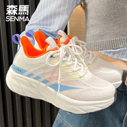 森馬女鞋透氣網(wǎng)面運(yùn)動(dòng)鞋情侶款籃球鞋男鞋簡(jiǎn)約小白鞋子女士休閑鞋 白藍(lán)桔色 35